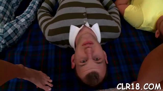 Teenie slut swallows his whole cock while her allies see