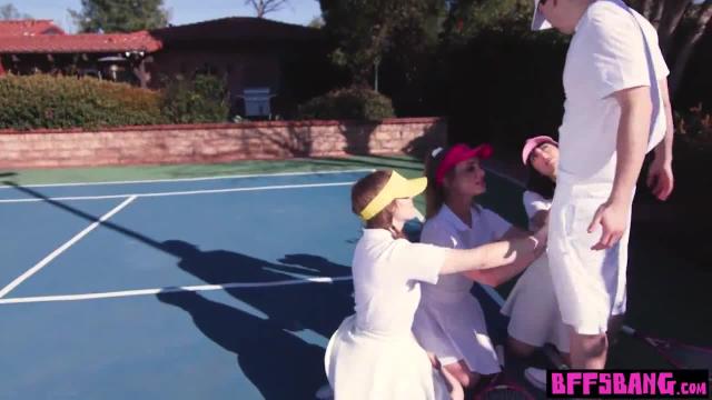 Unusual tennis session with miniature besties outdoor